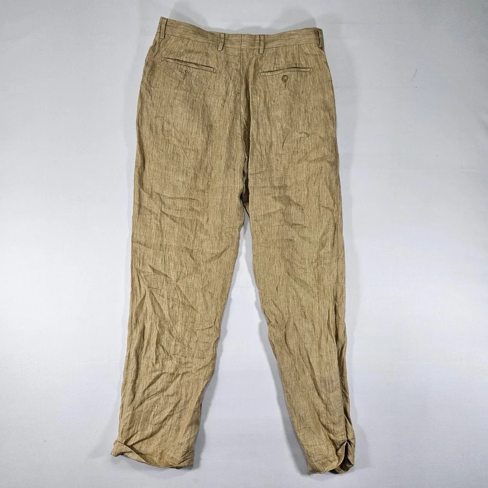 Nautica Rigger Pants Trousers Pleated Cuffed Beige 100% Linen Size 36x34 Classic